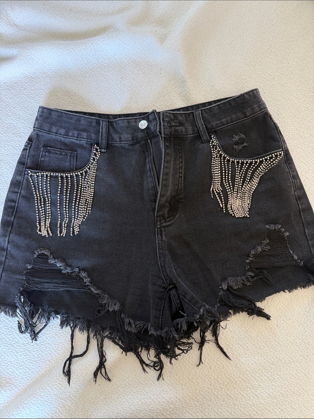 SHEIN Black Distressed Rhinestone Fringe Denim Shorts - Size L 8/10